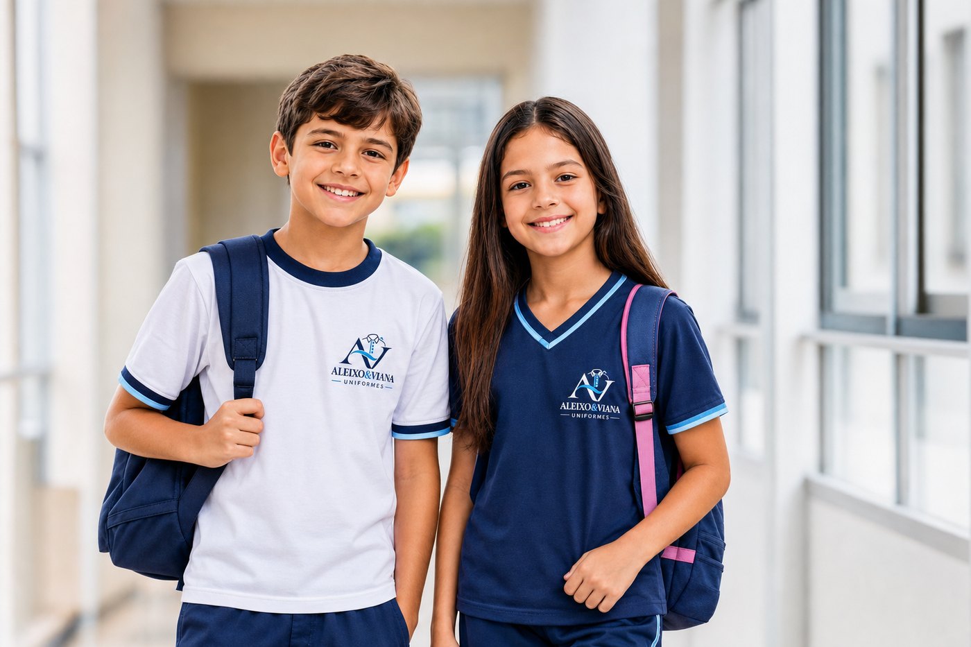 Alunos com uniforme escolar Aleixo & Viana