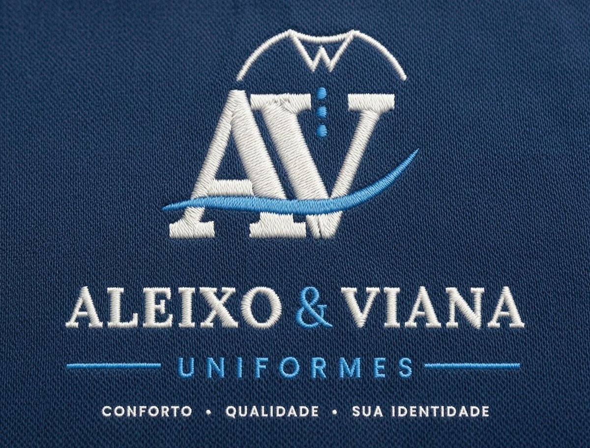 Logo Aleixo & Viana bordada em linha branca e azul sobre tecido marinho